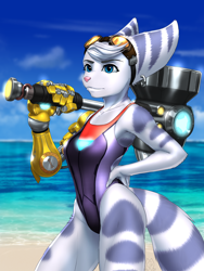 Size: 4500x6000 | Tagged: safe, artist:mykegreywolf, rivet (r&c), fictional species, lombax, mammal, anthro, ratchet & clank, 2021, absurd resolution, beach, black swimsuit, blue eyes, clothes, ear piercing, earring, eyebrows, eyelashes, female, fur, goggles, goggles on head, hammer, melee weapon, multicolored fur, ocean, one-piece swimsuit, outdoors, piercing, prosthetic arm, prosthetics, purple swimsuit, sand, solo, solo female, stripes, summer, swimsuit, two toned body, two toned fur, water