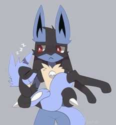Size: 3133x3382 | Tagged: safe, artist:verfyhi, fictional species, lucario, mammal, riolu, anthro, nintendo, pokémon, 2021, :<, ambiguous gender, black body, black fur, blue body, blue fur, carrying, colored pupils, complete nudity, cream body, cream fur, digital art, duo, duo ambiguous, eyes closed, featureless crotch, front view, frowning, fur, gray background, high res, nudity, paws, red eyes, side view, simple background, sleeping, smiling, spike, white pupils, zzz