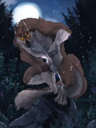 Size: 1198x1600 | Tagged: safe, artist:psilone, oc, oc:taz'rir, canine, fictional species, mammal, werewolf, anthro, digitigrade anthro, 2021, black nose, brown body, brown fur, bush, claws, conifer tree, cream body, cream fur, digital art, digital painting, ear piercing, earring, featureless crotch, front view, full moon, fur, glowing, glowing eyes, male, moon, open mouth, outdoors, paws, piercing, rock, sharp teeth, signature, solo, solo male, stars, teeth, tongue, tree, whiskers, yellow eyes