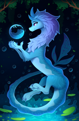 Size: 1620x2488 | Tagged: safe, artist:yakovlev-vad, sisu (raya and the last dragon), dragon, eastern dragon, fictional species, feral, disney, raya and the last dragon, 2021, aquatic dragon, artifact, blue body, blue hair, blue mane, claws, dragoness, eyebrows, eyelashes, featured image, female, hair, holding object, horns, leaf, magenta eyes, magical artifact, mane, multicolored body, paws, pink eyes, purple hair, side view, smiling, solo, solo female, tail, tree, water, water bubble