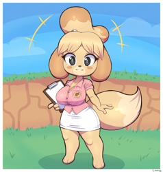 Size: 2948x3100 | Tagged: safe, artist:simmsyfart, isabelle (animal crossing), canine, dog, mammal, shih tzu, anthro, animal crossing, cc by-nc, creative commons, nintendo, 2021, big breasts, black eyes, blonde hair, border, bottomwear, breasts, clipboard, clothes, detailed background, dipstick tail, eyelashes, female, fur, hair, hand hold, high res, holding, looking at you, outdoors, shirt, skirt, solo, solo female, standing, tail, topwear, white border, yellow body, yellow fur