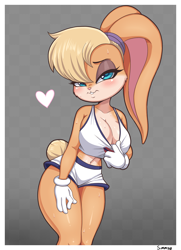 Size: 1880x2595 | Tagged: suggestive, artist:simmsyfart, lola bunny (looney tunes), lagomorph, mammal, rabbit, anthro, cc by-nc, creative commons, looney tunes, space jam, warner brothers, 2021, belly button, big breasts, blonde hair, blushing, border, bottomwear, breasts, cleavage, clothes, colored pupils, crop top, cyan eyes, eyebrows, eyelashes, eyeshadow, female, fur, gloves, hair, long ears, makeup, multicolored fur, short tail, shorts, solo, solo female, sports bra, sports shorts, tail, teeth, thick thighs, thighs, topwear, two toned body, two toned fur, white border