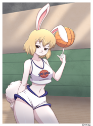Size: 1918x2600 | Tagged: safe, artist:simmsyfart, carrot (one piece), lola bunny (looney tunes), fictional species, lagomorph, mammal, mink tribe, rabbit, anthro, cc by-nc, creative commons, looney tunes, one piece, space jam, warner brothers, 2021, ball, basketball, bedroom eyes, belly button, blonde hair, border, bottomwear, breasts, brown eyes, cleavage, clothes, cosplay, crop top, eyebrows, eyelashes, female, fur, hair, long ears, looking at you, midriff, short shorts, shorts, smiling, smiling at you, solo, solo female, sports bra, sports shorts, tail, thick thighs, thighs, topwear, white body, white border, white fur