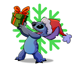 Size: 5406x4894 | Tagged: safe, artist:darkstar-child, stitch (lilo & stitch), alien, experiment (lilo & stitch), fictional species, disney, lilo & stitch, 2017, absurd resolution, back marking, black claws, black eyes, blue body, blue nose, christmas, claws, clothes, digital art, ears, hat, hat only, holiday, male, open mouth, open smile, present, santa hat, simple background, smiling, snowflake, solo, solo male, toe claws, torn ear, transparent background