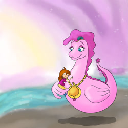 Size: 1280x1280 | Tagged: safe, artist:cyborgdreams, happy ness (happy ness), loch ness monster, human, mammal, feral, happy ness: the secret of the loch, 2d, child, duo, duo female, female, females only, fur, hair, hannah (happy ness), magenta hair, pink body, pink fur, young