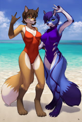 Size: 853x1280 | Tagged: suggestive, alternate version, artist:eleode, oc, oc only, oc:ines (eleode), canine, mammal, wolf, anthro, digitigrade anthro, 2021, beach, black nose, blue body, blue fur, breasts, brown body, brown fur, brown hair, cameltoe, claws, clothes, colored pupils, dipstick tail, duo, duo female, ear fluff, eyebrows, eyelashes, female, females only, fluff, fur, gesture, gloves (arm marking), green eyes, green pupils, hair, looking at you, multicolored fur, ocean, one-piece swimsuit, paws, purple hair, shoulder fluff, smiling, smiling at you, socks (leg marking), swimsuit, tail, tail fluff, teeth, v sign, water, white body, white fur, yellow body, yellow fur