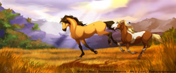 Size: 1680x700 | Tagged: safe, artist:pample, rain (cimarron), spirit (cimarron), equine, horse, mammal, feral, dreamworks animation, spirit: stallion of the cimarron, duo, female, male, mare, stallion, ungulate