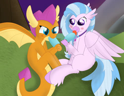 Size: 1024x792 | Tagged: safe, artist:skyflys, silverstream (mlp), smolder (mlp), bird, dragon, equine, fictional species, hippogriff, mammal, western dragon, feral, friendship is magic, hasbro, my little pony, 2d, blue eyes, cute, dragoness, duo, duo female, female, females only, food, popsicle, purple eyes, sea salt ice cream, ungulate