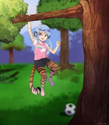 Size: 957x1100 | Tagged: safe, artist:turtlepaws, animal humanoid, big cat, feline, fictional species, mammal, satyr, tiger, humanoid, anime, ball, child, cub, female, looking at you, monster kid, open mouth, soccer ball, solo, solo female, tail, tree, young