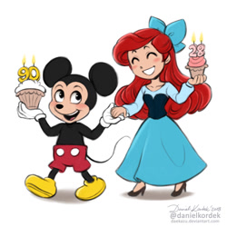 Size: 950x950 | Tagged: safe, artist:daekazu, ariel (the little mermaid), mickey mouse (disney), human, mammal, mouse, rodent, anthro, disney, mickey and friends, the little mermaid (disney), 2d, anniversary, crossover, cupcake, duo, female, food, male, murine, simple background, white background