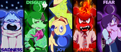 Size: 1500x650 | Tagged: safe, artist:hentaib2319, anger (inside out), disgust (inside out), fear (inside out), joy (inside out), mickey mouse (disney), sadness (inside out), fictional species, mammal, mouse, rodent, anthro, disney, inside out, mickey and friends, pixar, 2d, angry, crossover, crying, disgusted, emotion, emotion (inside out), emotions, happy, male, murine, sad, scared