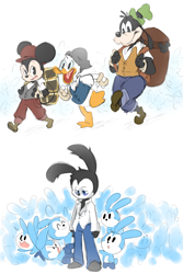 Size: 800x1200 | Tagged: safe, artist:thegreatrouge, donald duck (disney), goofy (disney), mickey mouse (disney), oswald the lucky rabbit (disney), bird, canine, dog, duck, lagomorph, mammal, mouse, rabbit, rodent, waterfowl, anthro, disney, mickey and friends, 2d, group, male, males only, murine