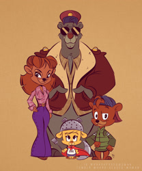 Size: 2236x2683 | Tagged: safe, artist:hard-headed-woman, baloo (the jungle book), kit cloudkicker (talespin), molly cunningham (talespin), rebecca cunningham (talespin), bear, mammal, sloth bear, anthro, semi-anthro, disney, talespin, the jungle book, 2d, bottomwear, brown body, brown fur, cape, clothes, crossover, ears, female, fur, glasses, gray body, gray fur, group, high res, jacket, male, pants, simple background, sunglasses, topwear, yellow body, yellow fur, young