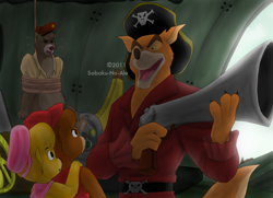 Size: 1000x724 | Tagged: safe, artist:thepirateprincess, baloo (the jungle book), don karnage (talespin), kit cloudkicker (talespin), molly cunningham (talespin), bear, canine, mammal, sloth bear, wolf, anthro, semi-anthro, disney, donkey kong (series), nintendo, talespin, the jungle book, 2011, 2d, crossover, female, group, male