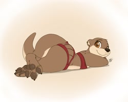 Size: 2500x2000 | Tagged: safe, artist:louart, mammal, mustelid, otter, semi-anthro, big butt, bikini, butt, clothes, female, high res, looking at you, looking back, looking back at you, lying down, paws, solo, solo female, swimsuit, tail