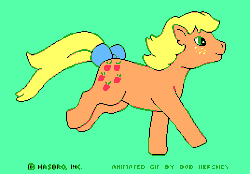 Size: 268x186 | Tagged: safe, artist:bob hershey, earth pony, equine, fictional species, mammal, pony, feral, hasbro, my little pony, my little pony (g1), 2d, 2d animation, animated, applejack (mlp g1), bow, cutie mark, female, frame by frame, fur, gif, green background, green eyes, hair, low res, mane, orange body, orange fur, running, simple background, solo, solo female, tail, tail bow, ungulate, yellow hair, yellow mane, yellow tail