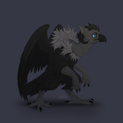 Size: 1280x1279 | Tagged: safe, artist:hinotomikto, bird, bird of prey, vulture, anthro, bird feet, black feathers, blue eyes, claws, colored sclera, curled horns, feathered wings, feathers, gray feathers, horns, male, solo, solo male, tail, tail feathers, talons, wings, yellow sclera