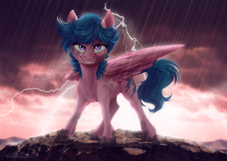 Size: 2908x2063 | Tagged: safe, artist:dvixie, firefly (mlp), equine, fictional species, mammal, pegasus, pony, feral, hasbro, my little pony, my little pony (g1), blue hair, blue mane, blue tail, feathered wings, feathers, female, folded wings, fur, hair, high res, lightning, looking at you, mane, mare, mud, outdoors, pink body, pink feathers, pink fur, purple eyes, rain, solo, solo female, standing, tail, teeth, ungulate, wings
