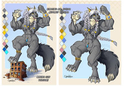 Size: 1142x792 | Tagged: safe, artist:cybercat, oc, canine, dog, fictional species, kaiju, mammal, werewolf, wolf, 2021, adoptable, amazon, beefcake, bracelet, breasts, buff, building, char design, character design, digital art, ear piercing, ears, fantasy adopt, fantasy art, femuscle, fluff, fur, giant, golden eyes, gray body, gray fur, hair, jewelry, kemono, macro, muscles, open mouth, paws, piercing, size difference, standing, tail, tail fluff, timber wolf