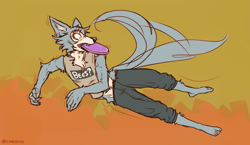 Size: 1280x742 | Tagged: safe, artist:lawyerdog, legoshi (beastars), canine, human, mammal, wolf, anthro, plantigrade anthro, beastars, 2021, abstract background, barefoot, bottomwear, clothes, cream body, cream fur, frisbee, fur, gray body, gray fur, holding, male, mouth hold, pants, signature, solo, solo male, tail, tail wag, topwear