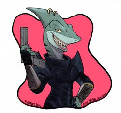 Size: 2048x1906 | Tagged: artist needed, source needed, useless source url, safe, bite (comic), olivia (bite), fish, shark, anthro, breasts, evil grin, female, grin, gun, piercing, sharp teeth, solo, solo female, teeth, weapon