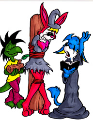 Size: 933x1213 | Tagged: source needed, safe, artist:driprat, lagomorph, lizard, mammal, rabbit, reptile, anthro, bondage, female, group, male, pole, stake, tied up, trio, witch costume, wood