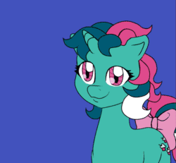 Size: 657x607 | Tagged: safe, artist:imaranx, fizzy (mlp), equine, fictional species, mammal, pony, unicorn, feral, hasbro, my little pony, my little pony (g1), 2d, 2d animation, animated, blue background, bubblegum, chewing, female, frame by frame, fur, gif, green body, green fur, mare, pink eyes, simple background, solo, solo female, ungulate