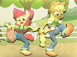 Size: 1600x1200 | Tagged: safe, artist:attacktitan64, apple bloom (mlp), applejack (mlp), equine, horse, mammal, pony, anthro, friendship is magic, hasbro, my little pony, anthrofied, barefoot, burnt, duo, feet, female, pain, soles, tears, tears of pain, toes