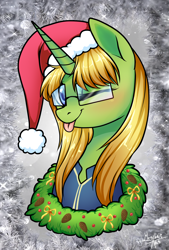Size: 1390x2056 | Tagged: safe, artist:megabait, oc, equine, fictional species, mammal, pony, unicorn, feral, fallout, friendship is magic, hasbro, my little pony, blep, bust, christmas, clothes, female, fur, glasses, green body, green fur, hair, hat, holiday, mare, one eye closed, portrait, santa hat, solo, solo female, tongue, tongue out, winking, yellow hair