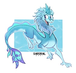 Size: 1069x1025 | Tagged: safe, artist:serareldeer, sisu (raya and the last dragon), dragon, eastern dragon, fictional species, feral, disney, raya and the last dragon, 2021, 2d, abstract background, black outline, blue body, blue fur, blue hair, border, cheek fluff, claws, cute, digital art, double outline, featured image, female, fluff, fur, hair, horns, long body, looking sideways, mane, open mouth, open smile, paws, purple eyes, sharp teeth, smiling, solo, solo female, striped body, teeth, white border, white outline