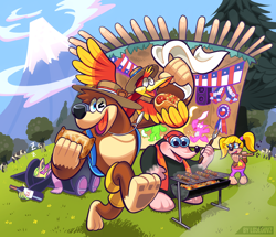 Size: 2642x2270 | Tagged: safe, artist:loulouvz, banjo (banjo-kazooie), kazooie (banjo-kazooie), bear, bird, bovid, cattle, cow, mammal, banjo-kazooie, cc by-nc-nd, creative commons, rareware, female, grill, group, high res, male, open mouth, open smile, sleeping, smiling, ungulate