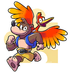 Size: 800x840 | Tagged: safe, artist:little-ampharos, banjo (banjo-kazooie), kazooie (banjo-kazooie), bear, bird, breegull, fictional species, mammal, red crested breegull, feral, semi-anthro, banjo-kazooie, rareware, 2d, duo, female, male
