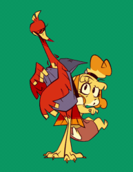 Size: 1480x1920 | Tagged: safe, artist:fluttershythekind, isabelle (animal crossing), kazooie (banjo-kazooie), bird, breegull, canine, dog, fictional species, mammal, red crested breegull, shih tzu, anthro, feral, animal crossing, banjo-kazooie, nintendo, rareware, 2d, 2d animation, animated, crossover, duo, duo female, female, females only, funny, gibberish, green background, simple background, sound, webm