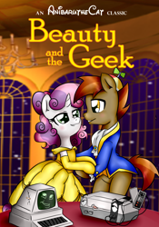 Size: 1700x2423 | Tagged: safe, artist:anibaruthecat, button mash (mlp), sweetie belle (mlp), earth pony, equine, fictional species, mammal, pony, unicorn, semi-anthro, beauty and the beast, disney, friendship is magic, hasbro, my little pony, 2d, crossover, duo, duo male and female, female, male, male/female, ungulate