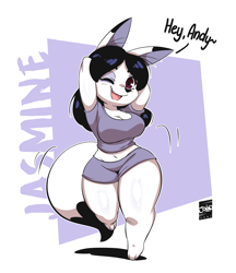 Size: 2500x2900 | Tagged: safe, artist:joaoppereiraus, oc, oc only, canine, fox, mammal, anthro, belly button, big breasts, black hair, bottomwear, breasts, cleavage, clothes, crop top, dipstick ears, dipstick tail, female, fur, hair, high res, midriff, multicolored ears, multicolored tail, one eye closed, shirt, shorts, shortstack, solo, solo female, tail, thick thighs, thighs, topwear, vixen, white body, white fur, wide hips, winking