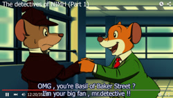 Size: 1366x768 | Tagged: safe, artist:doraemonbasil, basil (the great mouse detective), geronimo stilton (geronimo stilton), mammal, mouse, rodent, anthro, disney, geronimo stilton (series), the great mouse detective, youtube, 2d, crossover, dialogue, duo, duo male, male, males only, murine, talking