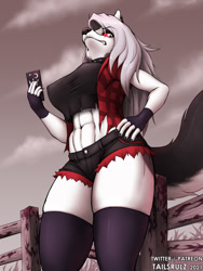 Size: 900x1200 | Tagged: safe, artist:tailsrulz, loona (vivzmind), canine, fictional species, hellhound, mammal, anthro, hazbin hotel, helluva boss, 2021, abs, belly button, big breasts, black nose, bottomwear, breasts, cell phone, clothes, colored sclera, crop top, curvy, daisy dukes, ear piercing, earring, ears, eyebrow through hair, eyebrows, eyelashes, eyeshadow, fangs, female, fence, fingerless gloves, fluff, fur, gloves, hair, hand on hip, legwear, long hair, low angle, makeup, muscles, muscular female, nipple outline, phone, piercing, red sclera, sexy, sharp teeth, shorts, skindentation, smartphone, solo, solo female, tail, tail fluff, teeth, thick thighs, thigh highs, thighs, topwear, vest, white body, white eyes, white fur, white hair, wide hips