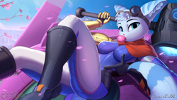Size: 1920x1080 | Tagged: safe, artist:discordthege, rivet (r&c), fictional species, lombax, mammal, anthro, blizzard entertainment, overwatch, ratchet & clank, 16:9, 2020, blue body, blue eyes, blue fur, boots, bubblegum, butt, clothes, crossover, ear fluff, eyebrows, eyelashes, fluff, fur, gloves, goggles, goggles on head, hair, looking at you, multicolored fur, pink nose, prosthetic arm, prosthetics, scarf, shoes, solo, tail, tail fluff, thighs, two toned body, two toned fur, wallpaper, weapon