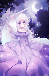 Size: 1183x1828 | Tagged: safe, artist:ayasal, lady amalthea (the last unicorn), classical unicorn, equine, fictional species, human, mammal, unicorn, the last unicorn, crescent moon, duo, duo female, female, females only, mare, moon, self paradox, ungulate