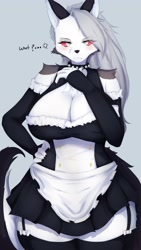 Size: 2267x4020 | Tagged: safe, artist:kyuukon, loona (vivzmind), canine, fictional species, hellhound, mammal, anthro, hazbin hotel, helluva boss, 2021, black nose, blushing, breasts, clothes, collar, dialogue, ear fluff, ear piercing, earring, ears, eye through hair, eyebrow through hair, eyebrows, eyelashes, eyeshadow, female, fingerless gloves, fluff, fur, gloves, gray body, gray fur, gray hair, hair, hand on hip, high res, huge breasts, kemono, legwear, long gloves, long hair, looking at you, maid outfit, makeup, multicolored fur, piercing, question mark, red scales, scales, shoulder fluff, solo, solo female, spiked collar, suspenders, tail, tail fluff, talking, thick thighs, thigh highs, thighs, torn ear, white body, white eyes, white fur