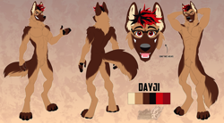 Size: 1280x704 | Tagged: safe, artist:vallhund, oc, oc only, oc:dayji, canine, dog, german shepherd, mammal, anthro, digitigrade anthro, 2020, abstract background, belly button, black hair, brown body, brown fur, butt, claws, color palette, complete nudity, fangs, featureless crotch, fluff, front view, fur, glasses, grin, hair, hand behind head, looking at you, male, multicolored hair, neck fluff, nudity, open mouth, paws, pecs, pubic fluff, rear view, red eyes, red hair, reference sheet, sharp teeth, smiling, solo, solo male, tail, tan body, tan fur, teeth, tongue, two toned hair, watermark