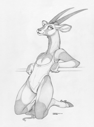 Size: 1029x1393 | Tagged: safe, artist:ecmajor, antelope, bovid, gemsbok, mammal, oryx, anthro, unguligrade anthro, 2018, black and white, cameltoe, clothes, cloven hooves, dewclaw, ear fluff, female, flat chest, fluff, fur, grayscale, hands, hooves, horns, kneeling, leaning back, looking at you, monochrome, one-piece swimsuit, pinup, simple background, solo, solo female, swimsuit, tail, traditional art, white background
