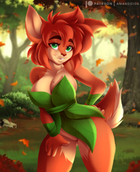 Size: 2000x2467 | Tagged: safe, artist:amanddica, elora (spyro), faun, fictional species, mammal, anthro, spyro the dragon (series), 2021, big breasts, breasts, cleavage, clothes, colored pupils, cream body, cream fur, ears, eyebrows, eyelashes, featureless crotch, female, fluff, fur, grass, green eyes, green pupils, hair, high res, looking at you, multicolored fur, nature, orange body, orange fur, red hair, shoulder fluff, smiling, smiling at you, solo, solo female, tail, tail fluff, teeth, thick thighs, thighs, tree, two toned body, two toned fur