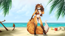 Size: 2489x1400 | Tagged: safe, artist:frisket17, oc, oc only, oc:tamara fox, canine, fox, mammal, red fox, anthro, plantigrade anthro, 2017, anchor, beach, bedroom eyes, belly button, big breasts, bikini, black nose, body markings, breasts, brown hair, bucket, chest fluff, cleavage, clothes, collar, curvy, dipstick ears, dipstick tail, eyelashes, feet, female, fluff, fur, gloves (arm marking), hair, high heels, legs, long nails, looking at you, midriff, nail polish, pale belly, platform heels, pose, purple eyes, red nails, sand, sand castle, sandals, scenery, scenery porn, seductive, sexy, shoes, side-tie bikini, socks (leg marking), solo, solo female, swimsuit, tail, tail fluff, thick thighs, thighs, thong swimsuit, trowel, vixen, wide hips