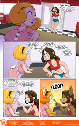 Size: 989x1575 | Tagged: safe, artist:jklind, canine, corgi, dog, fictional species, human, mammal, werewolf, anthro, big breasts, boop, breasts, cleavage, clothes, comic, crop top, daisy dukes, duo, eyes closed, female, front-tie top, grin, happy, heterochromia, human to anthro, midriff, missing tooth, sandals, shirt, shoes, short shorts, shorts, smiling, topwear, transformation