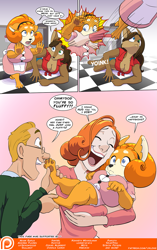 Size: 989x1575 | Tagged: safe, artist:jklind, canine, corgi, dog, fictional species, human, mammal, werewolf, anthro, backing away, barefoot, big breasts, breasts, carrying, cleavage, comic, cradling, daughter, father, father and child, father and daughter, feet, female, group, hug, huge breasts, looking up, lying on stomach, male, mother, mother and daughter, parents, paw pads, paws, pulling, soles, toes, touching paw pads, wide eyes
