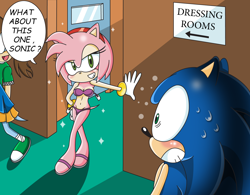 Size: 1494x1163 | Tagged: safe, artist:sonictopfan, amy rose (sonic), sonic the hedgehog (sonic), hedgehog, mammal, anthro, sega, sonic the hedgehog (series), 2008, amy rose (shogakukan), bikini, blushing, clothes, duo, female, flirting, flustered, indoors, male, male/female, price tag, purple bikini, purple swimsuit, quills, sandals, seductive, seductive eyes, seductive look, seductive pose, shipping, shoes, sonamy (sonic), speech bubble, sweat, swimsuit, text