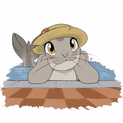 Size: 2500x2500 | Tagged: safe, artist:louart, mammal, seal, semi-anthro, 2d, ambiguous gender, blushing, cute, high res, partially submerged, sun hat, water