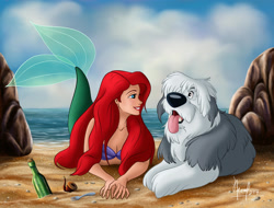 Size: 2809x2134 | Tagged: safe, artist:fernl, ariel (the little mermaid), max (the little mermaid), canine, dog, fictional species, fish, mammal, mermaid, old english sheepdog, feral, humanoid, disney, the little mermaid (disney), 2d, duo, female, high res, male, sheepdog
