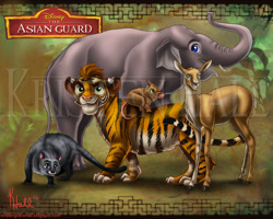 Size: 2738x2190 | Tagged: safe, artist:monocerosarts, part of a set, beshte (the lion guard), bunga (the lion guard), fuli (the lion guard), kion (the lion guard), ono (the lion guard), antelope, big cat, blackbuck, bovid, civet, elephant, feline, mammal, tarsier, tiger, feral, disney, the lion guard, the lion king, 2d, asian elephant, female, group, high res, male, species swap